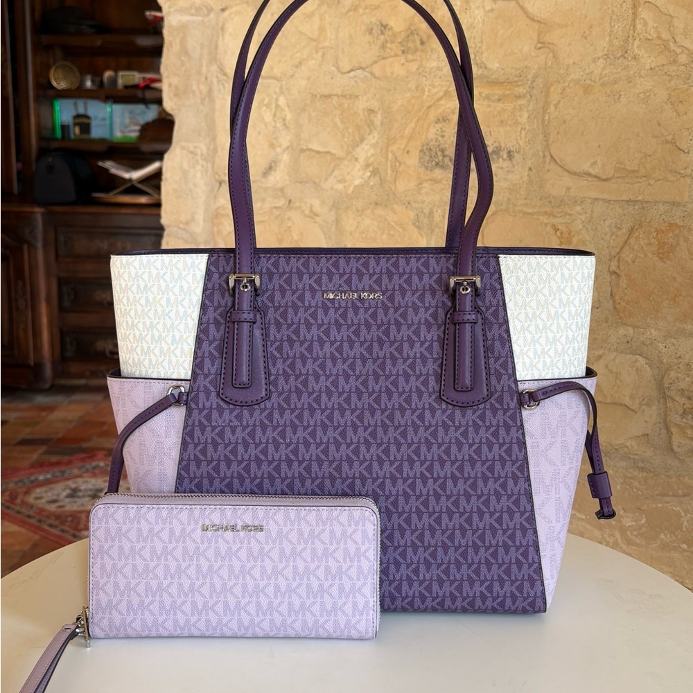 Michael Kors Purple and White Tote with Wallet